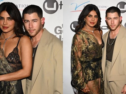 Priyanka Chopra Goes Sheer in Metallic Lace One-shoulder Dress With Nick Jonas at ‘The Good Half’ Premiere