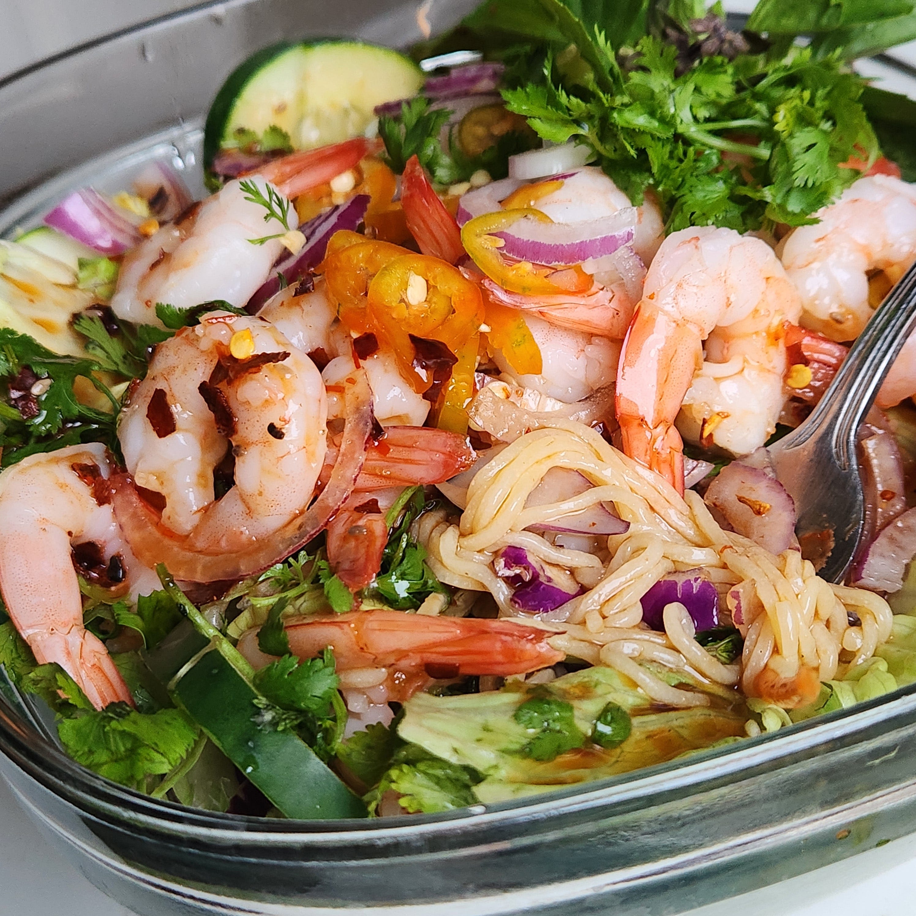 Enjoy this beautiful low-carb Thai shrimp and noodle salad that comes together in minutes