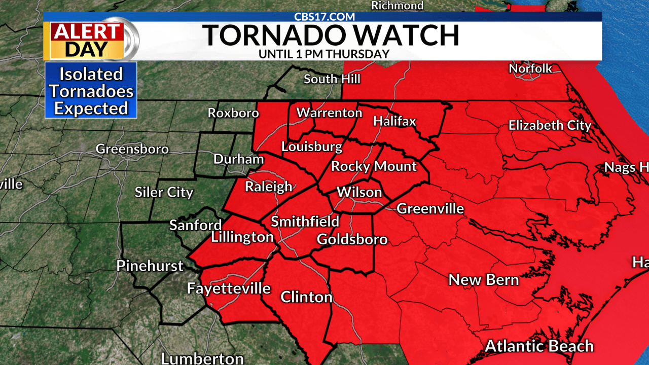 Tornado warning issued in Wilson County; tornado watch in effect for several counties in central NC