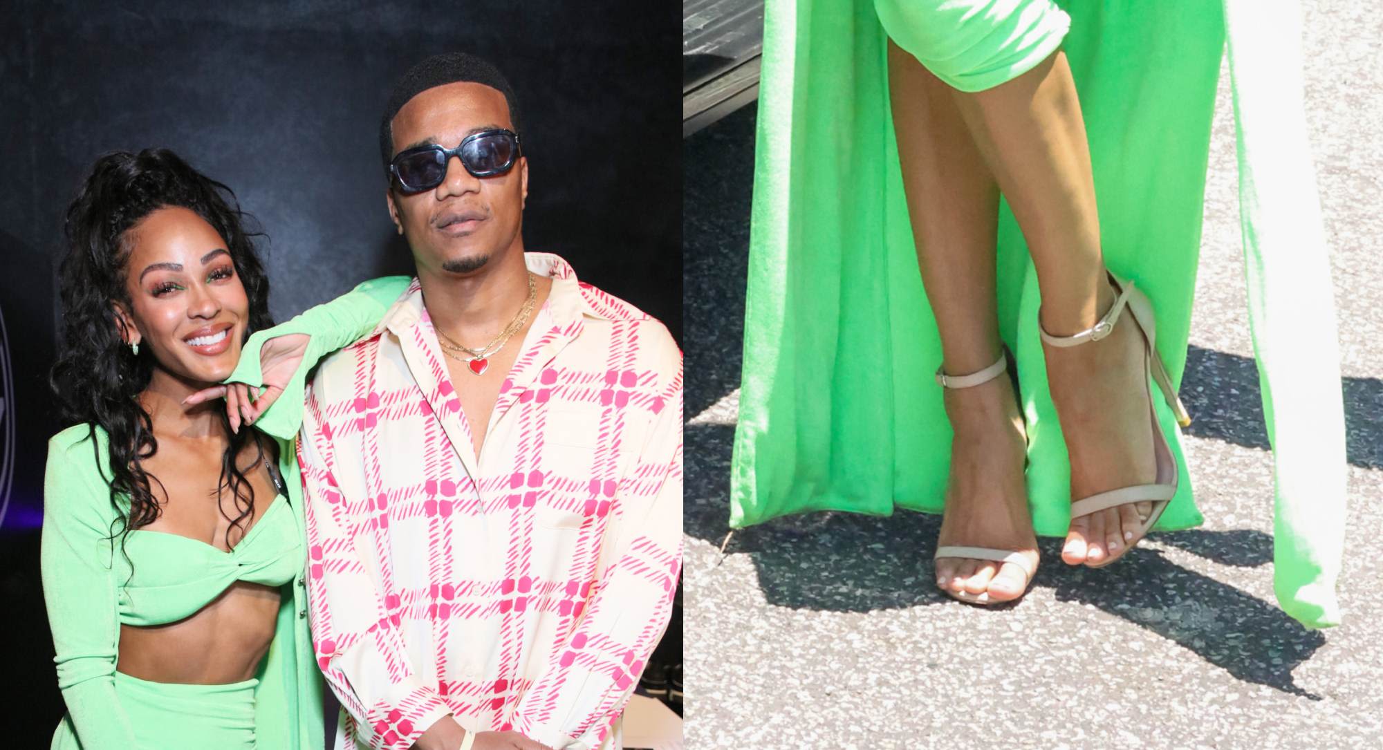 Meagan Good Keeps it Classic in Neutral Sandal Heels at BET Awards Media House with Cory Hardrict