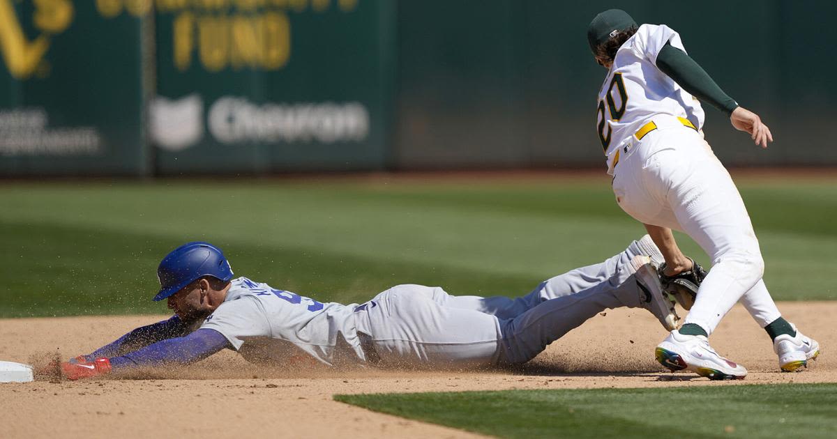 ...attempting to steal second base tagged out by Zack Gelof of the Oakland Athletics in the top of the ninth inning at the Oakland Coliseum on Aug. 4, 2024, in Oakland, California.