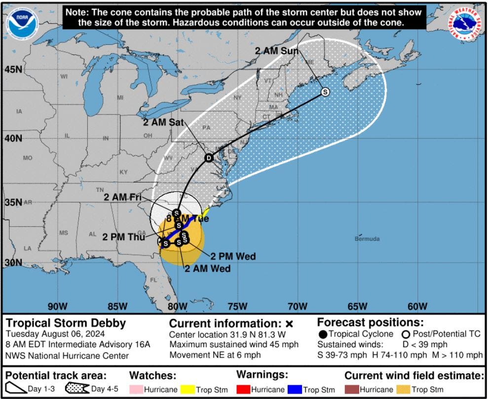 Tropical Storm Debby predicted to pass over Wilmington. Here's the forecast