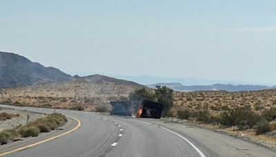 Northbound lanes of 15 Freeway closed in Baker after container of lithium ion batteries catches fire