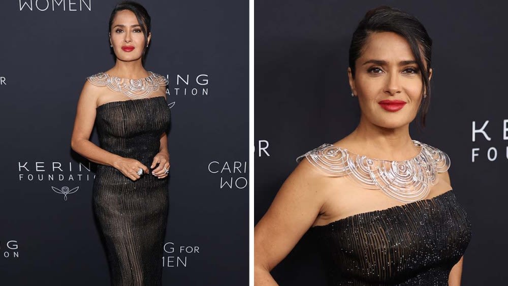 Salma Hayek Proves the Art Deco’s in the Details in Pinstriped Gucci Dress and Statement Necklace at Kering’s Caring for Women Dinner 2024