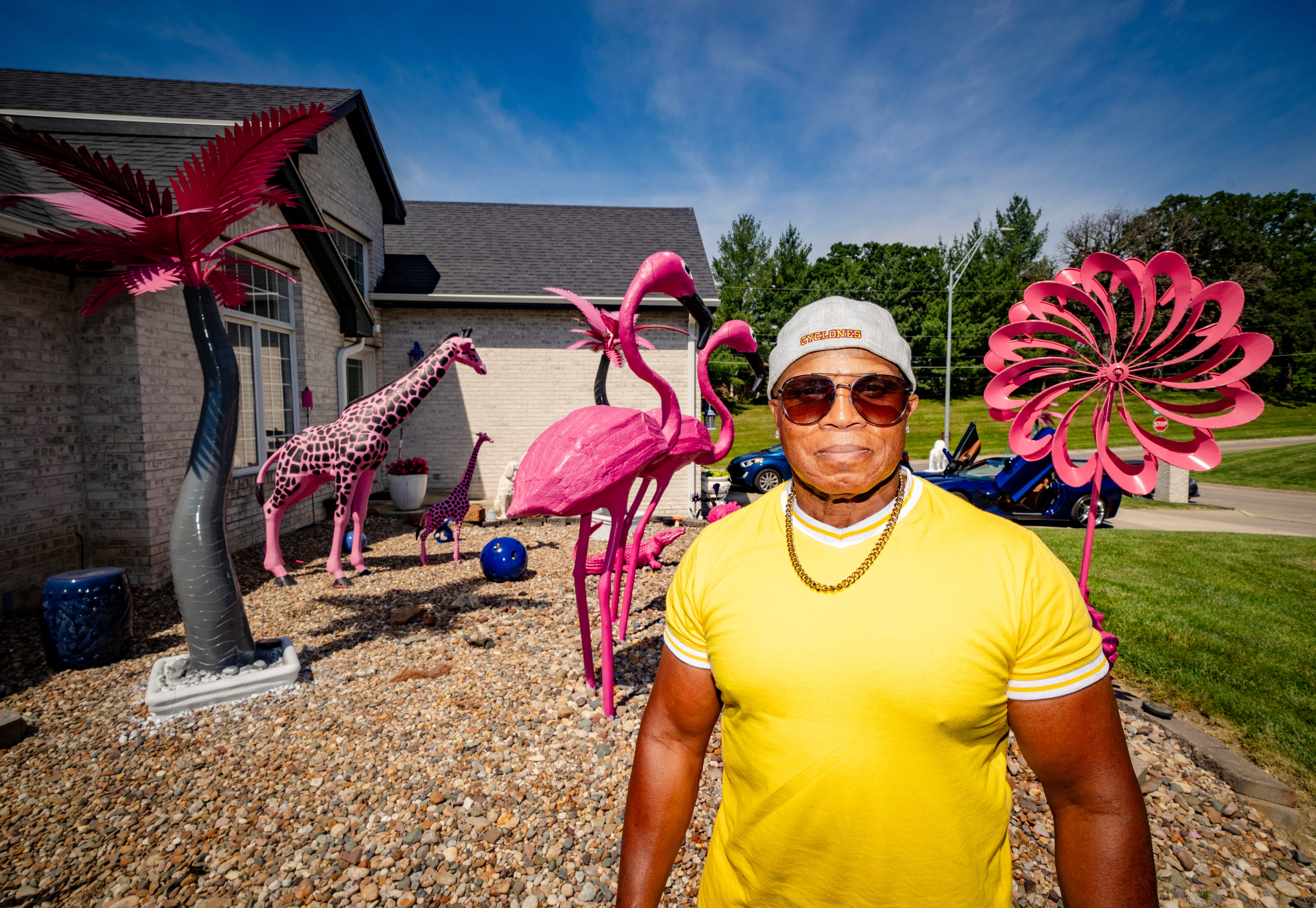 'I'm the king of the jungle': Saylorville man's hot pink statues draw visitors, fights