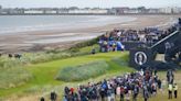 Justin Leonard hits the first shot of the 152nd Open at a cloudy Troon