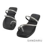 山打努SANDARU-拖鞋 水鑽閃亮斜帶拇指夾低跟拖鞋-黑