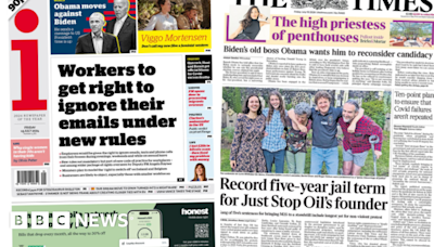 Newspaper headlines: Climate activists jailed and Obama 'moves against' Biden