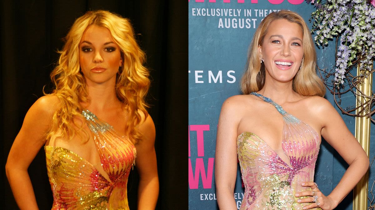 Britney Spears Poses In "Updated" Version of 2002 Versace Gown Recently Worn by Blake Lively