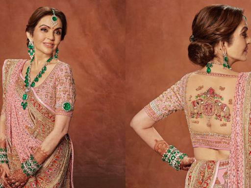 Nita Ambani donned a blouse with the names of her children and grandchildren hand embroidered at the Shubh Aashirwad ceremony