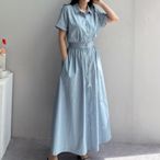 JC Collection 洋裝韓國舒棉優雅翻領收腰顯瘦單排釦連衣裙(湖藍、杏)