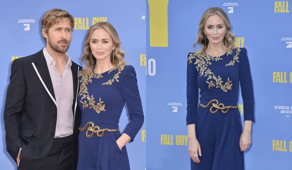 Emily Blunt Favors Florals in Embroidered Navy Jumpsuit at ‘The Fall Guy’ Premiere in Berlin with Ryan Gosling