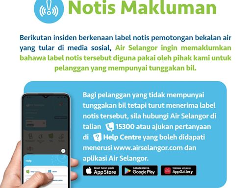 Air Selangor: No phishing scam, red tag with QR code is for water cuts due to non-payment of bills