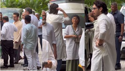 Aamir Khan arrives with Kiran Rao and Junaid Khan at Reena Dutta’s house to attend her father’s funeral