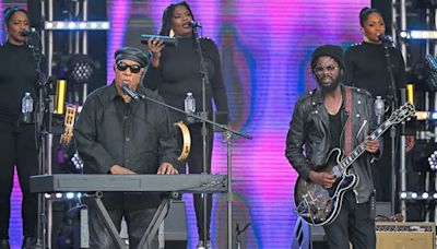 Stevie Wonder flexes his Clavinet chops as he hits the stage with Gary Clark Jr
