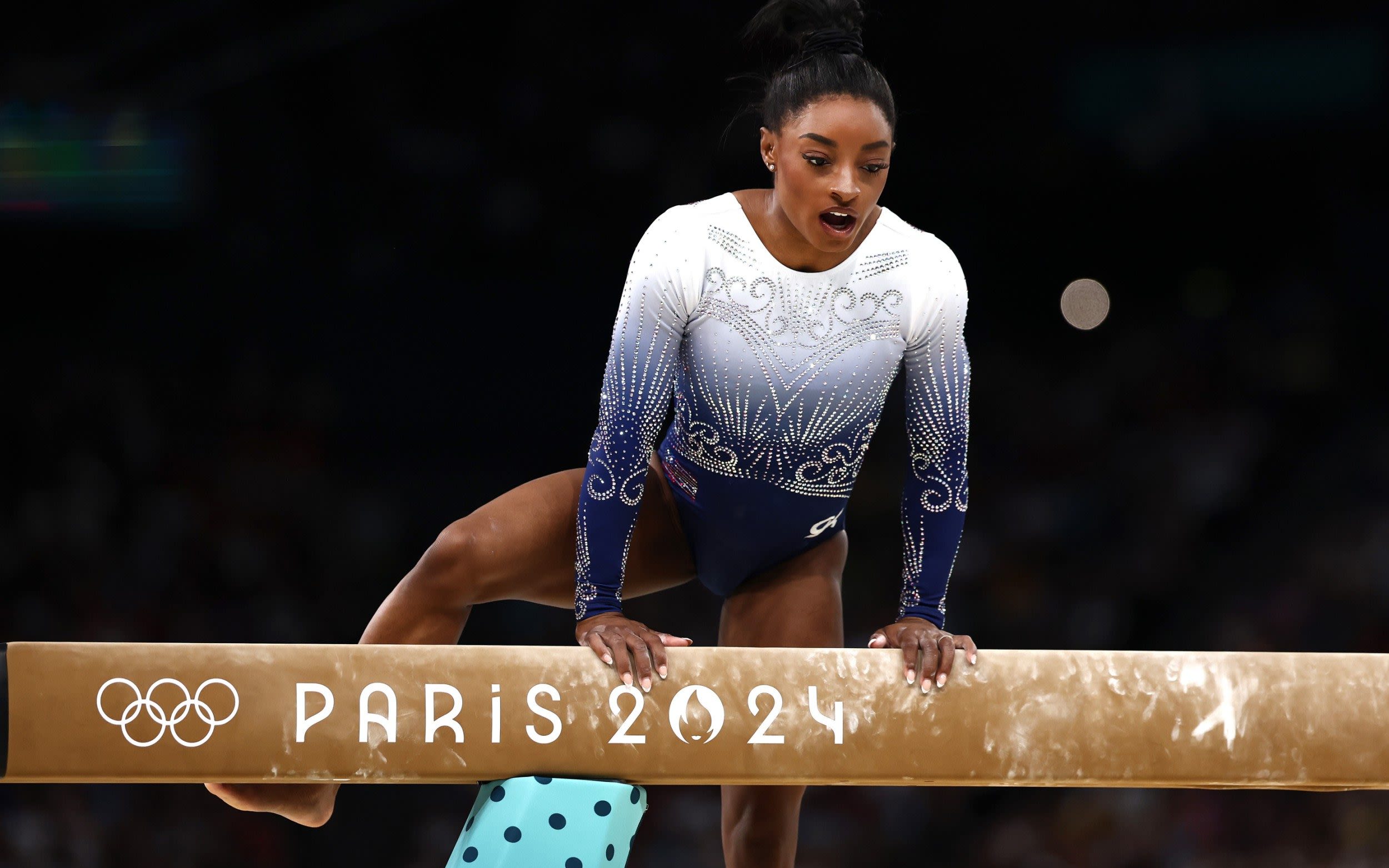 Simone Biles falls off beam then picks herself up to land floor silver medal at Paris 2024