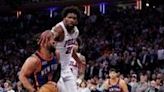 Joel Embiid (right) guards New York Knicks star Jalen Brunson in Tuesday's playoff battle at Madison Square Garden