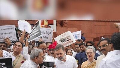 INDIA bloc MPs protest in Parliament for discrimination in Union Budget