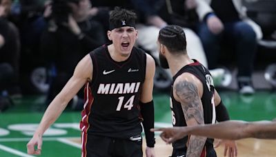 Herro scores 24, Heat hit franchise playoff-record 23 3s to beat Boston and even series 1-1