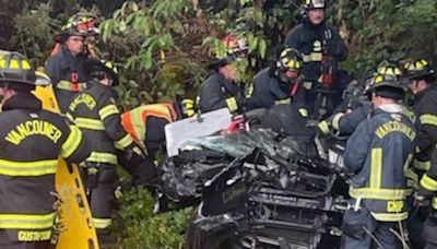 Car rolls, 2 injured in fiery crash on Highway 14 in Vancouver