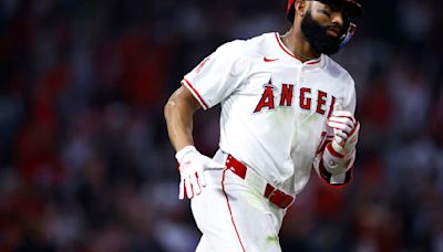 Jo Adell of the Los Angeles Angels hits a home run against the Kansas City ...Anaheim on Friday, May 10, 2024, in Anaheim, California.