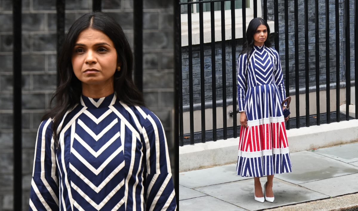 ... Exit With Ka-Sha Dress in National Flag Colors for U.K. Prime Minister Rishi Sunak’s Farewell Speech