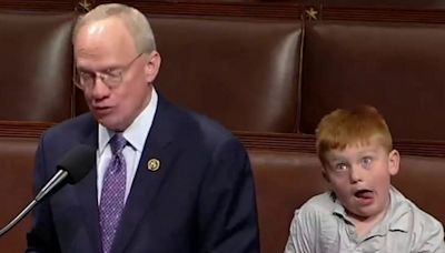 Congressman's House floor speech goes viral after son steals show with silly faces