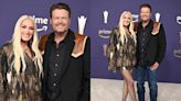 Gwen Stefani Favors Feathers in Laser-cut Roberto Cavalli Jacket for ACM Awards 2024 Red Carpet With Blake Shelton