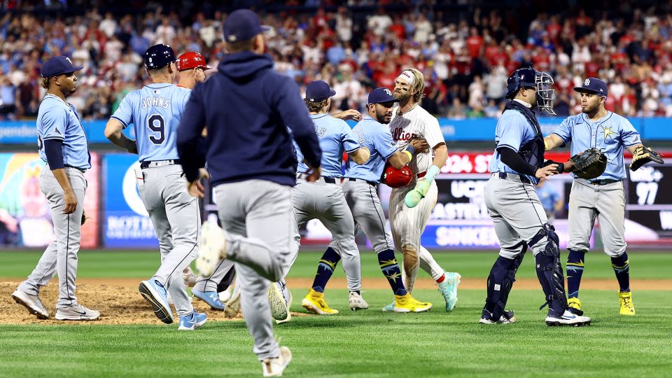 Benches clear between Philadelphia Phillies and Tampa Bay Rays after Nick Castellanos is hit by pitch