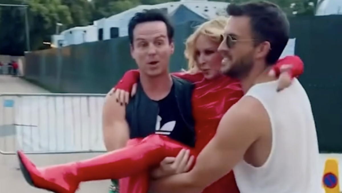 Kylie Minogue carried to BST stage in latex outfit by Andrew Scott and Jonathan Bailey