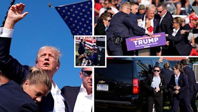 Pictured: Shocking scenes as gunman shoots Donald Trump during rally leaving one bystander dead