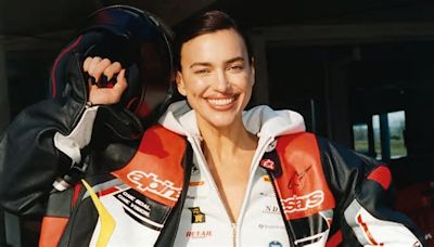 Irina Shayk rocks a biker jacket and helmet as she stuns on the front cover of Vogue Italia for Formula 1-inspired shoot