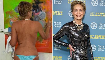 Sharon Stone, 66, Goes Topless and Wears Cheeky String Bikini Bottoms for Poolside Painting Session