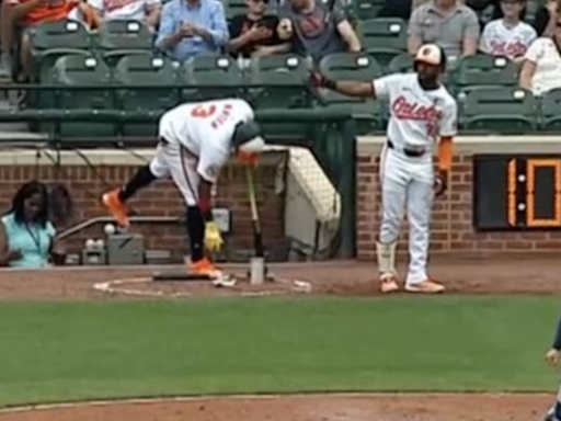 The Orioles' Jorge Mateo left the game after Cedric Mullins accidentally hit him on the head with a bat