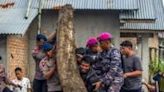 Rescue teams and people move logs that had washed into residential areas in western Indonesia