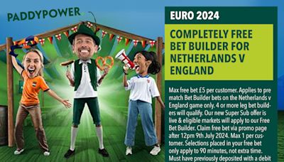 Netherlands v England offer: Get a completely free bet builder with Paddy Power