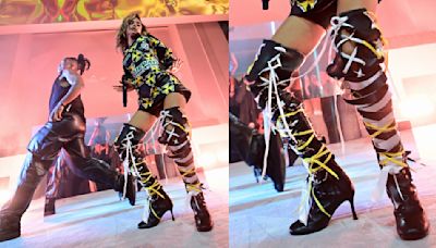 Tyla Performs at Louis Vuitton’s Prelude to the Olympics Party In Dramatic Lace-Up Over-the-Knee Boots
