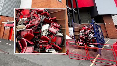 Man Utd's Old Trafford undergoes building work with grotty seats dumped in skip