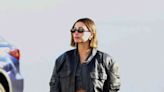 Hailey Bieber Paired the Tiniest Crop Top With a Super-Oversized Moto Jacket