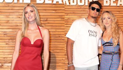 ...Magda Butrym Cocktail Dress, Patrick Mahomes in Dior and Wife Brittany in Versace at Carbone Beach for F1 Miami Weekend