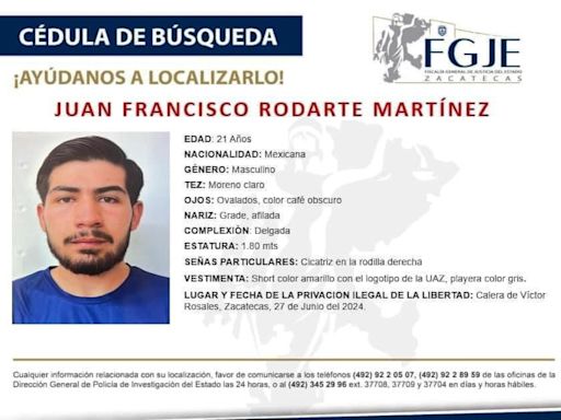 Juan Francisco Rodarte, estudiante de la UAZ, desapareció en Calera, Zacatecas