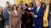 U.S. President Joe Biden and Vice President Kamala Harris welcome the Las Vegas Aces to celebrate their record-breaking season and victory in the 2023 WNBA Finals in the East Room at...