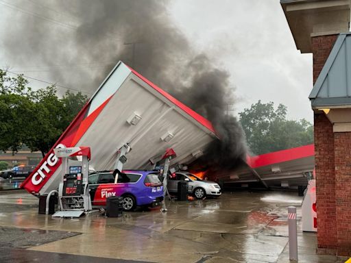 Farmington Hills gas station catches fire after canopy collapses
