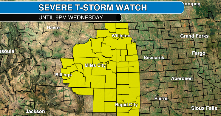 Severe t-storm watch for parts of Montana, Wyoming, and the Dakotas until 9 p.m. Wednesday