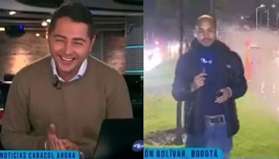 A reportero de Noticias Caracol lo lavaron en vivo; su compañero en set no aguantó la risa