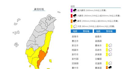 雨彈升級！5縣市豪大雨特報 警戒範圍出爐