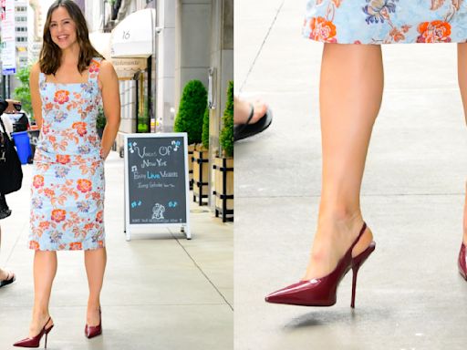 Jennifer Garner Pairs Patent Leather Slingback Pumps With Floral Dress in New York City