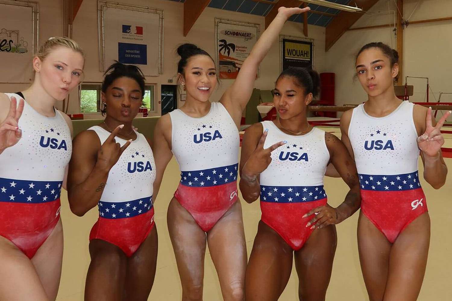 Simone Biles Shares Photos of U.S. Gymnastics Team Posing in Their Uniforms After Landing in Paris for Olympics