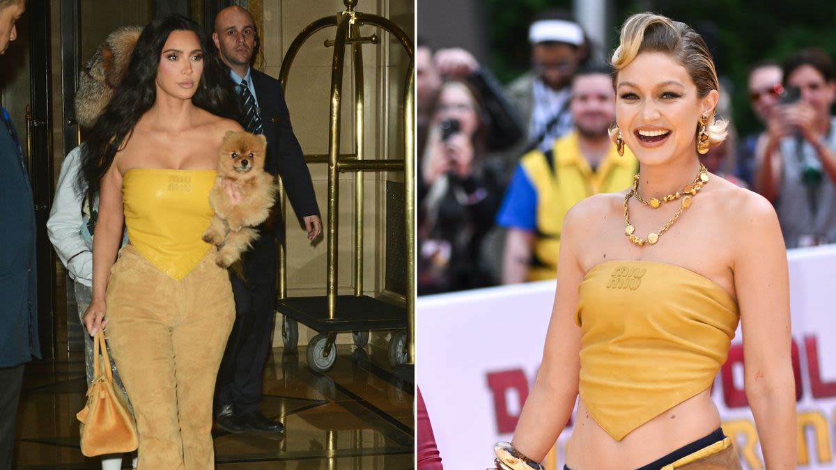 Kim Kardashian Copy and Pastes Gigi Hadid's Exact Miu Miu Outfit, Adds Her Matching Dog