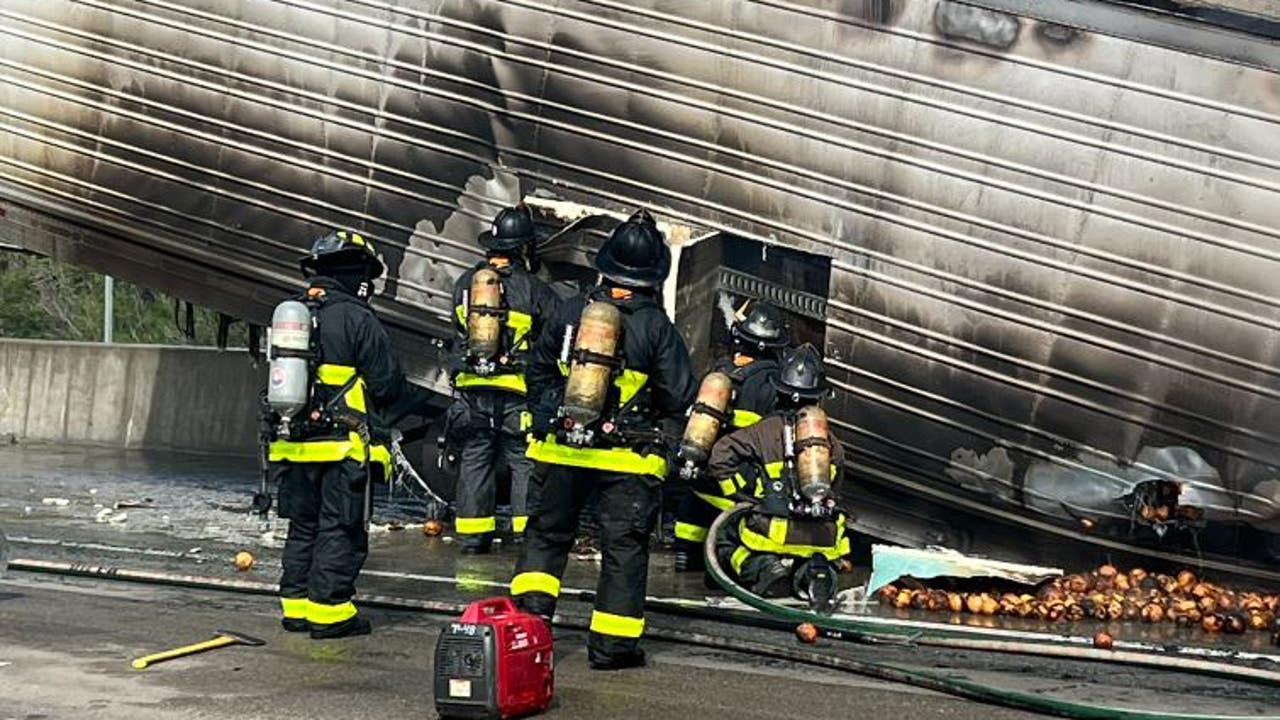 Overturned produce truck catches fire on Bay Bridge